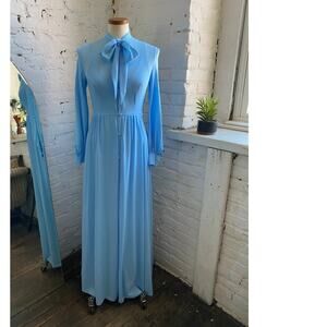 Vintage 70s Blue Nightgown Peignoir Robe Set Lingerie Housecoat Dressing Gown S